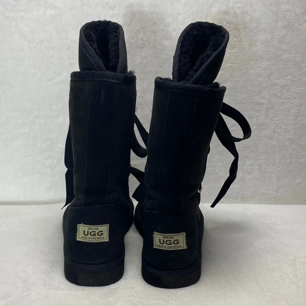 UGG Australia Black‎ Suede Sheepskin Boots Sherpa Lace Up Women Size 7